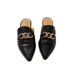 Bison Spirit Black Pointed Toe Gold Tone Chain Slip On Slide Mules Womens Sz 8.5